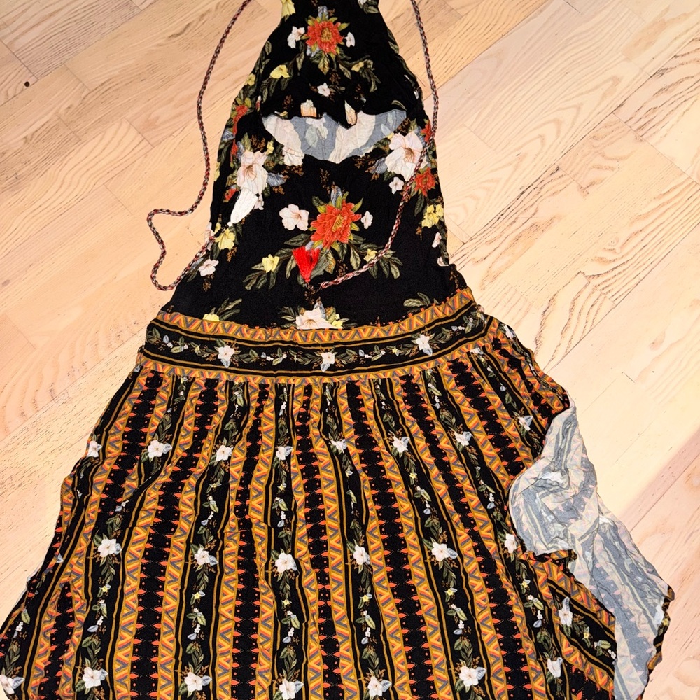Floral Halter Maxi Dress in Black with Orange Accents - Picture 6 of 6
